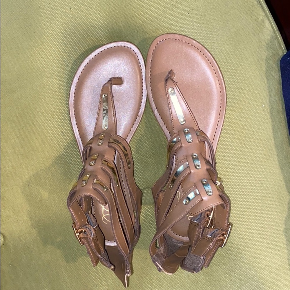 Fergie tan and gold sandals